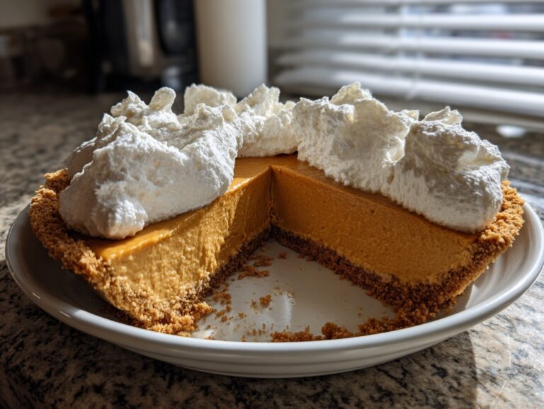 A slice removed from a no bake pumpkin pie topped generously with whipped cream, sitting on a white plate.