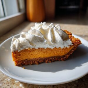 A perfect slice of no bake pumpkin pie featuring a graham cracker crust, bright orange filling, and tall swirls of whipped cream.