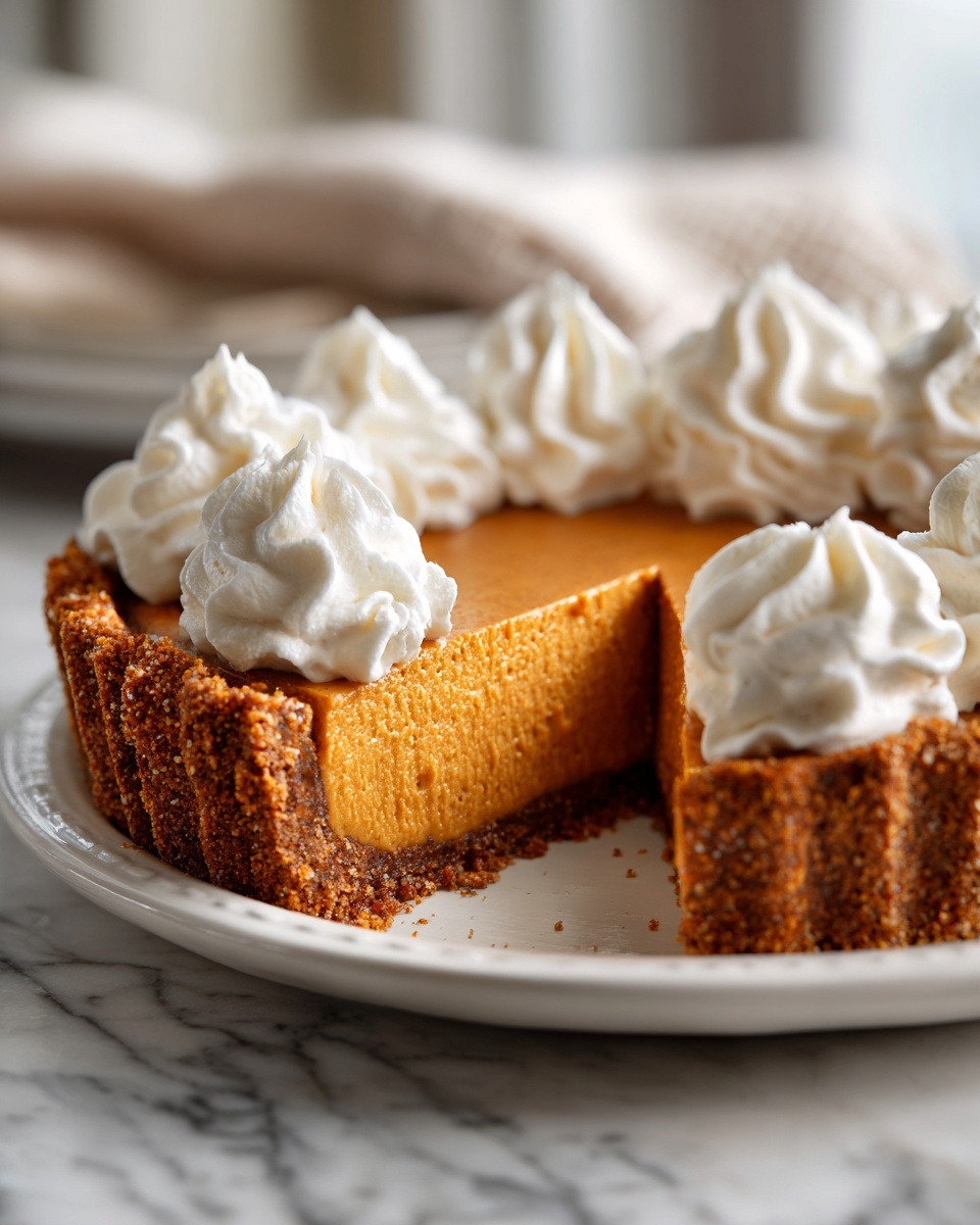 A close-up of a rich, orange no bake pumpkin pie with a thick graham cracker crust, topped with dollops of whipped cream.