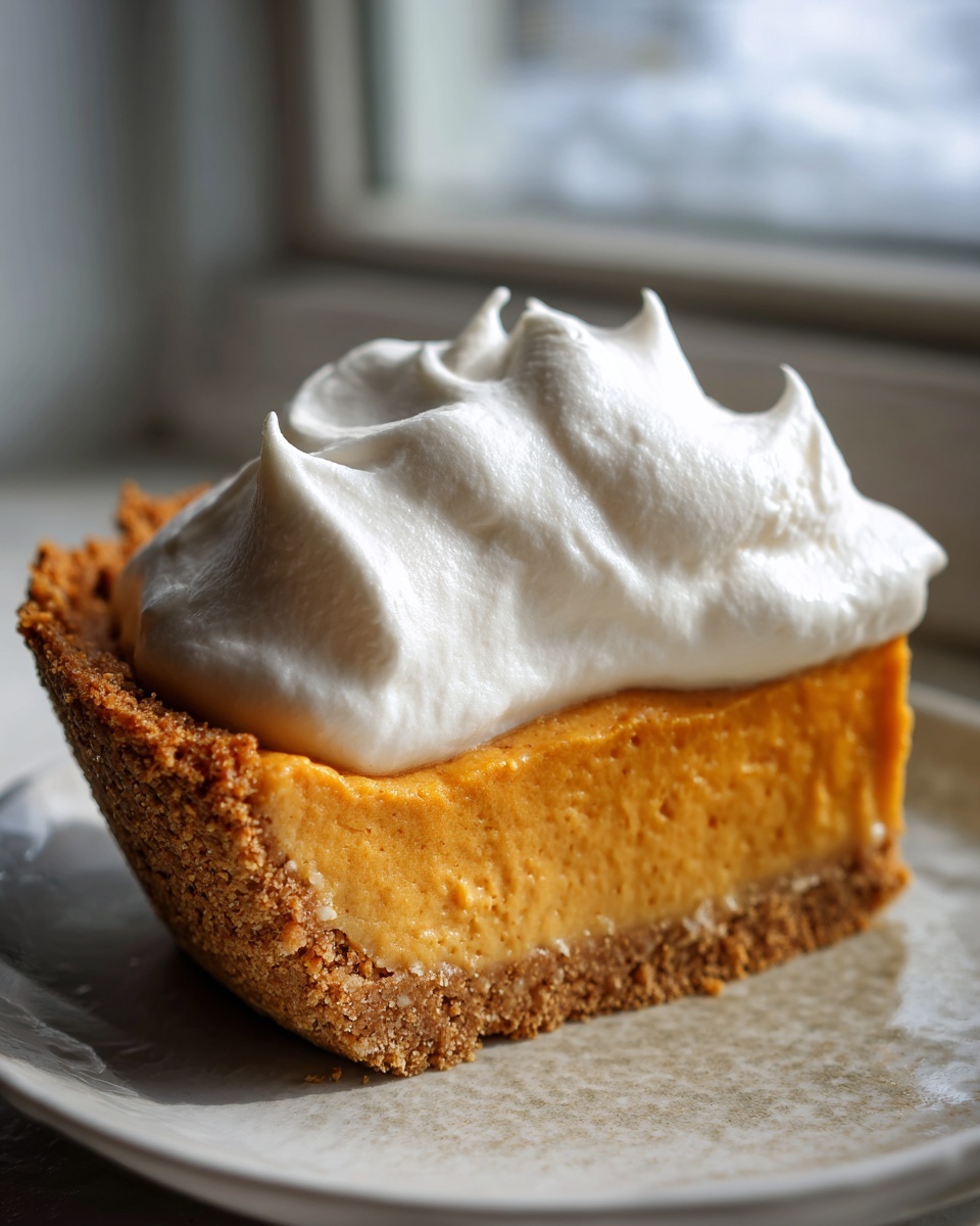 A close-up of a slice of no bake pumpkin pie with a thick graham cracker crust and topped with fresh whipped cream.