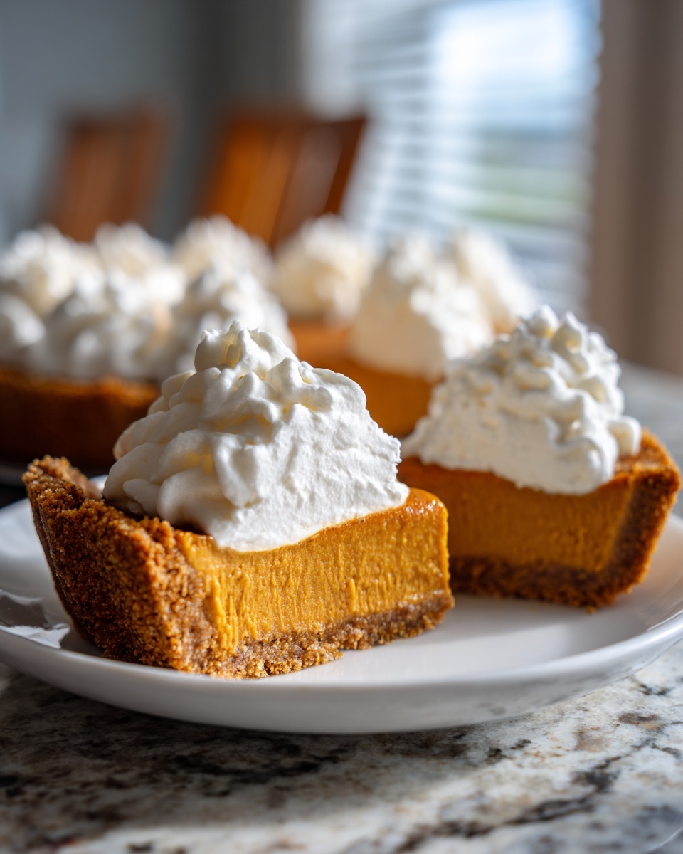 Close-up of a rich slice of no bake pumpkin pie with a graham cracker crust and tall swirl of whipped cream.