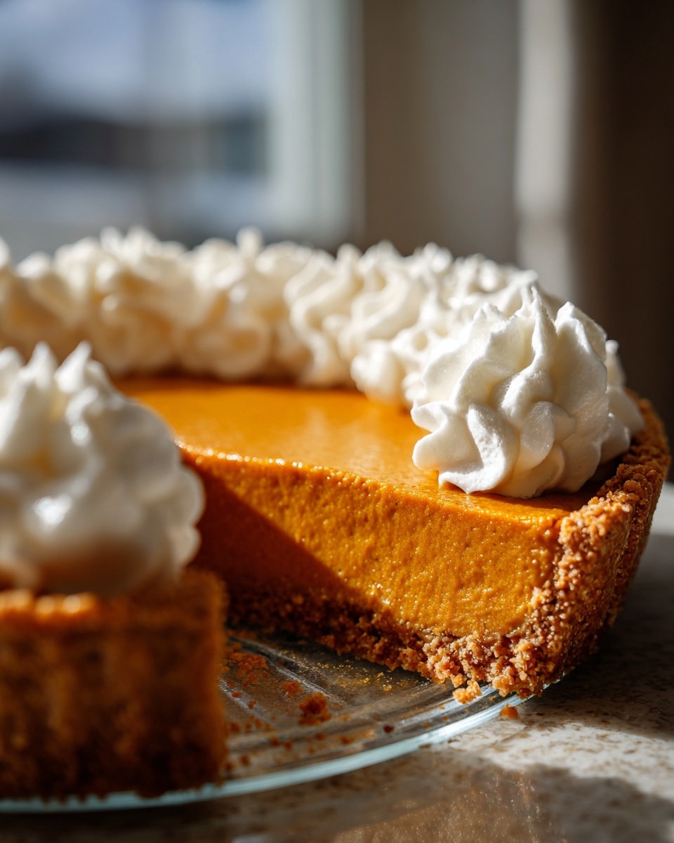 Close-up of an amazing no bake pumpkin pie with a thick graham cracker crust and piped whipped cream topping.