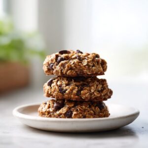 A stack of three hearty, oatmeal chocolate chip breakfast cookies resting on a small white plate.