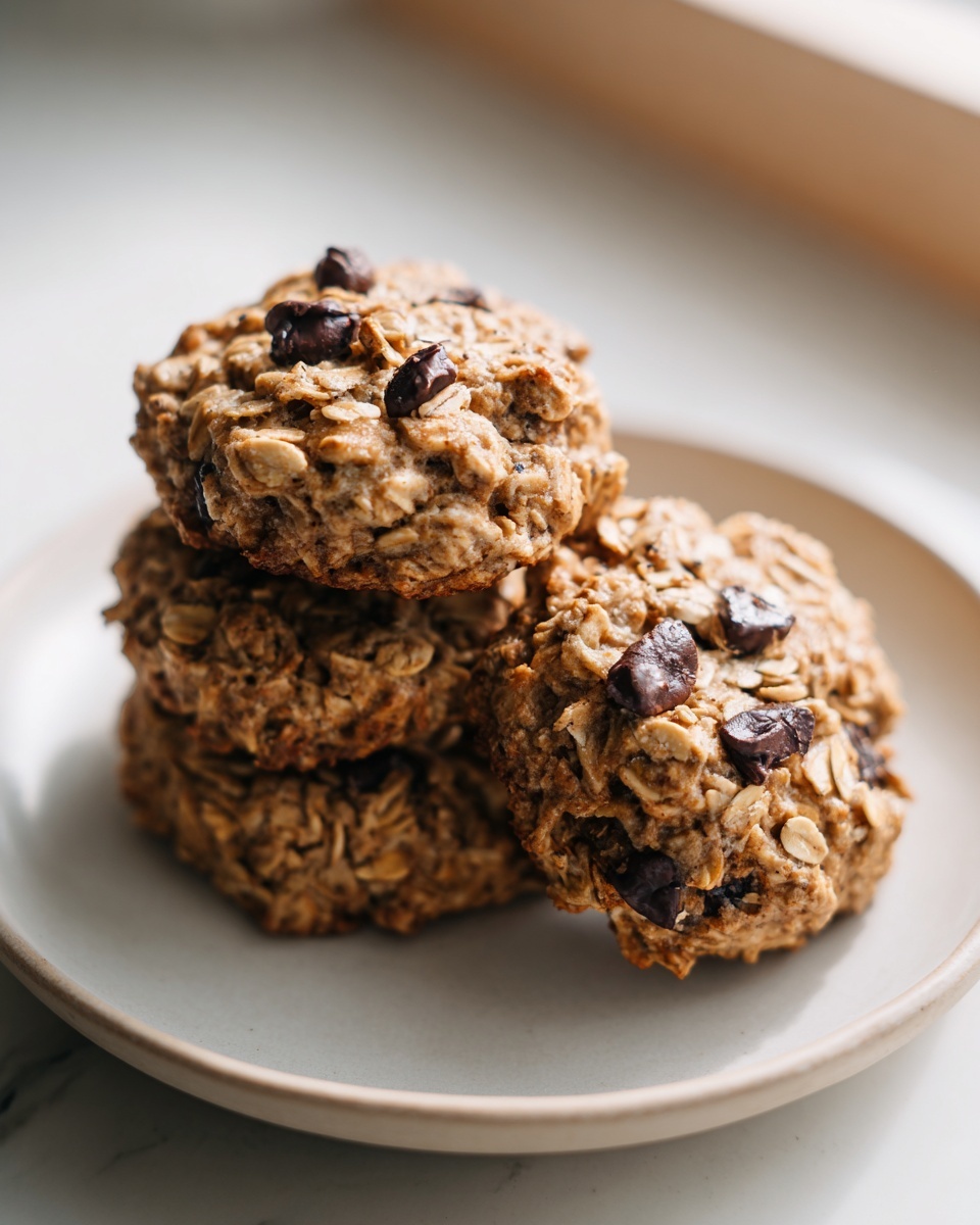A stack of three thick, oatmeal-based breakfast cookies studded with dark chocolate chunks on a light plate.