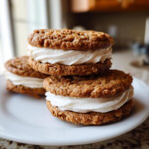 A stack of three homemade oatmeal cream pies featuring chewy oatmeal cookies and thick vanilla cream filling.