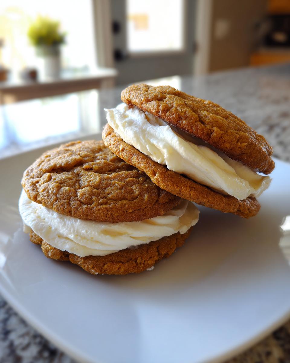 Two homemade oatmeal cream pies with thick white frosting filling stacked on a white square plate.