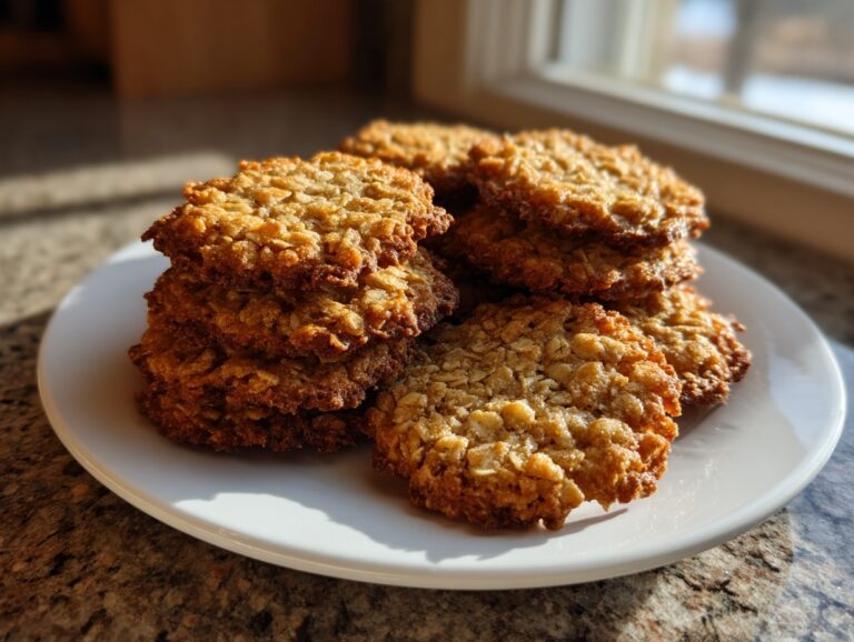 A stack of golden brown oatmeal lace cookies piled high on a white plate near a sunlit window.