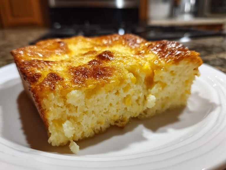 A close-up of a square slice of baked corn pudding with a golden-brown, caramelized top.