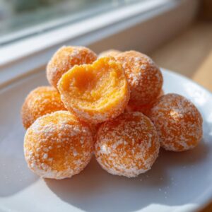 A pile of bright orange cream cheese mints dusted with powdered sugar, one is broken open.