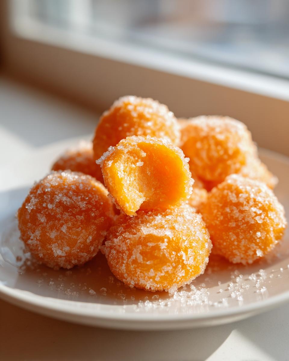 A pile of bright orange cream cheese mints coated in granulated sugar, with one mint broken open to show the creamy interior.
