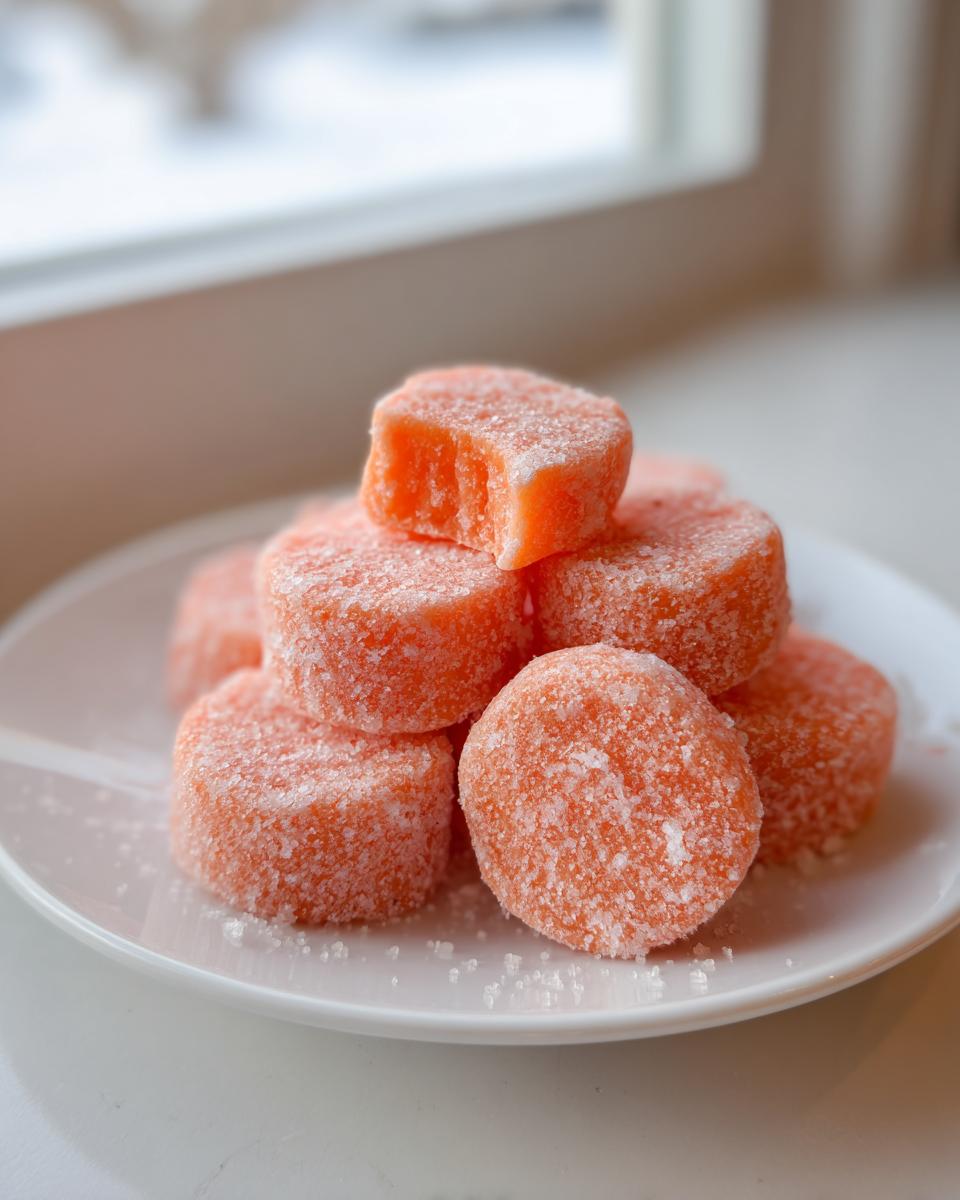 A stack of bright orange cream cheese mints coated in sugar crystals, resting on a white plate near a window.