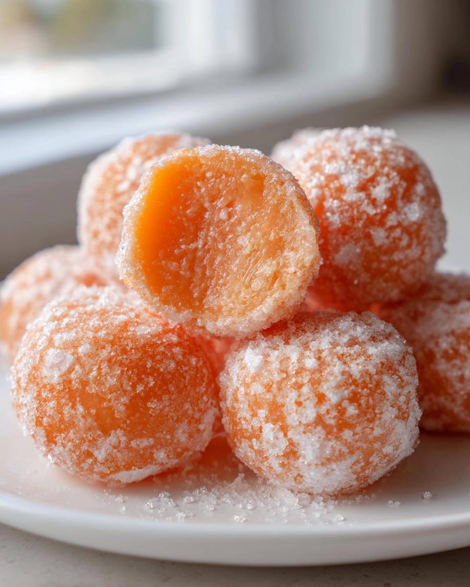 A pile of bright orange cream cheese mints coated heavily in granulated sugar, one is cut open showing the creamy interior.