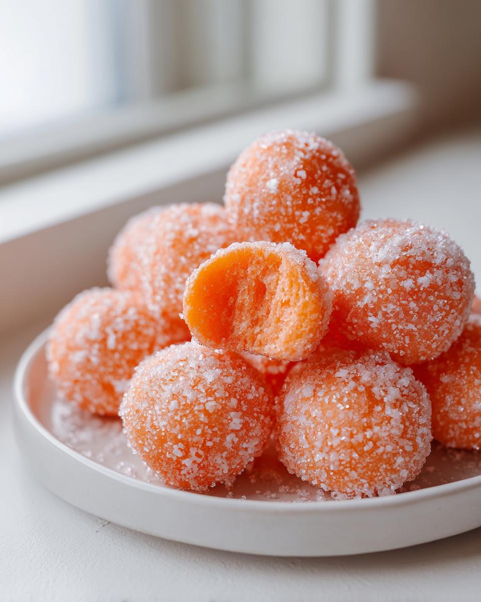 A stack of bright orange cream cheese mints rolled in sugar, with one mint broken open to show the creamy interior.