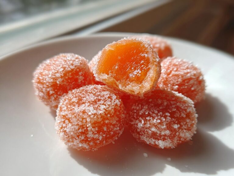 A small pile of bright orange, sugar-coated orange cream cheese mints on a white plate.