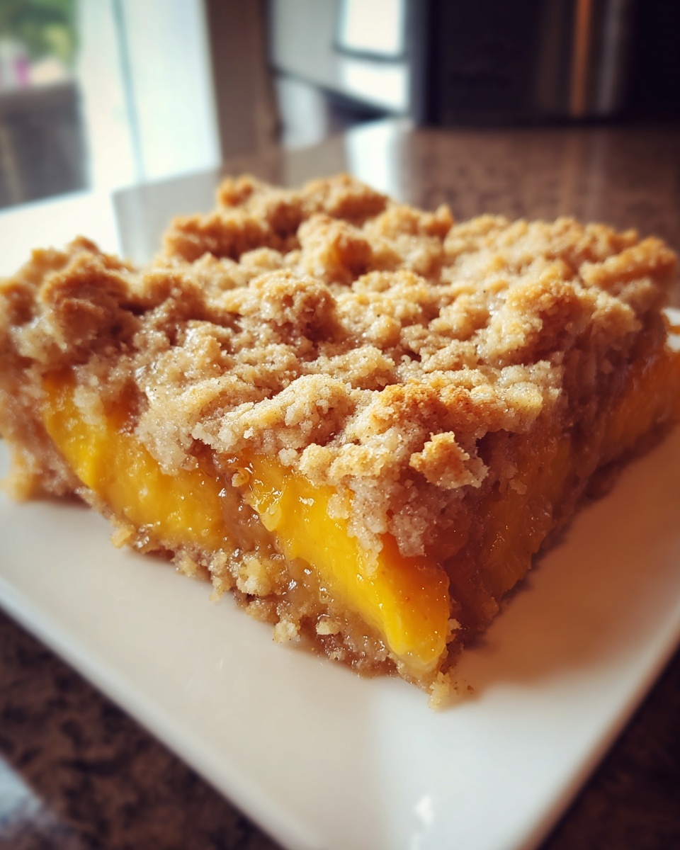 Close-up of a square slice of peach cobbler showing thick, bright orange peach filling and a golden brown crumb topping.