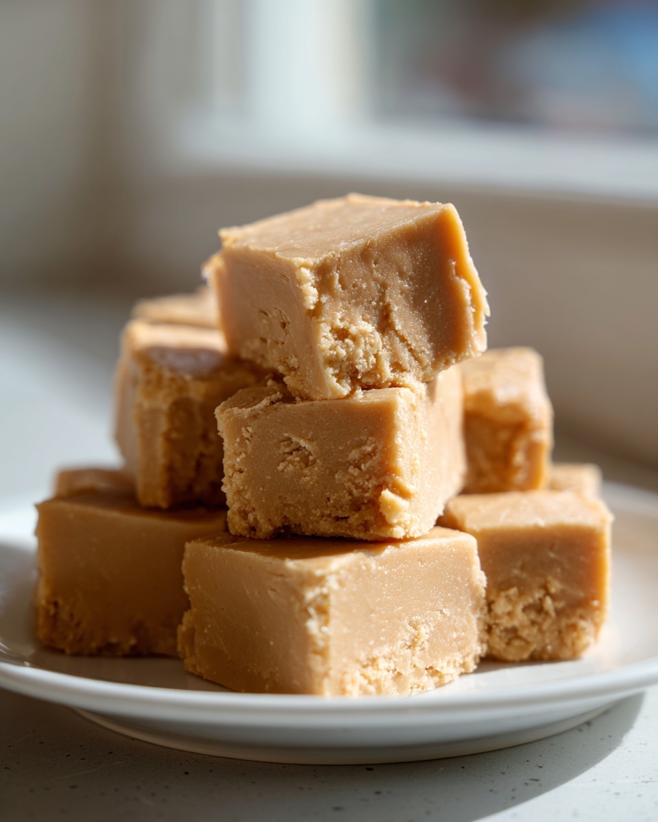A stack of creamy, light brown squares of peanut butter fudge recipe served on a white plate.