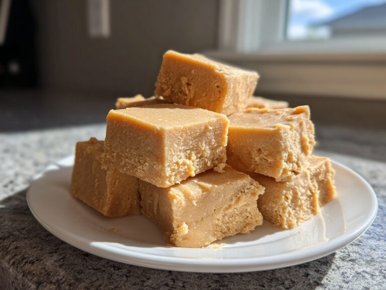 A stack of creamy, square-cut peanut butter fudge recipe pieces piled on a small white plate.
