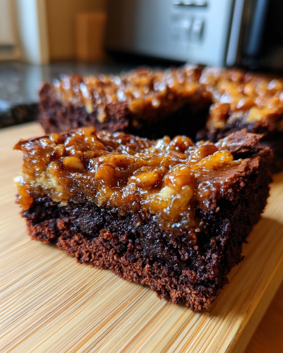 A close-up view of a fudgy pecan pie brownie slice showing the rich chocolate base and sticky pecan topping.