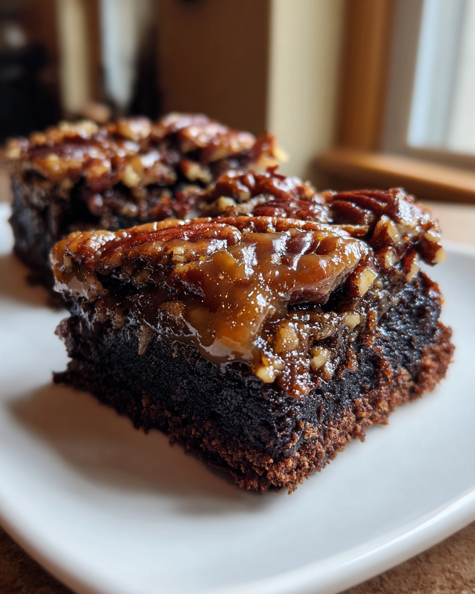 A close-up of a rich, fudgy pecan pie brownies square topped with sticky caramel and whole pecans.