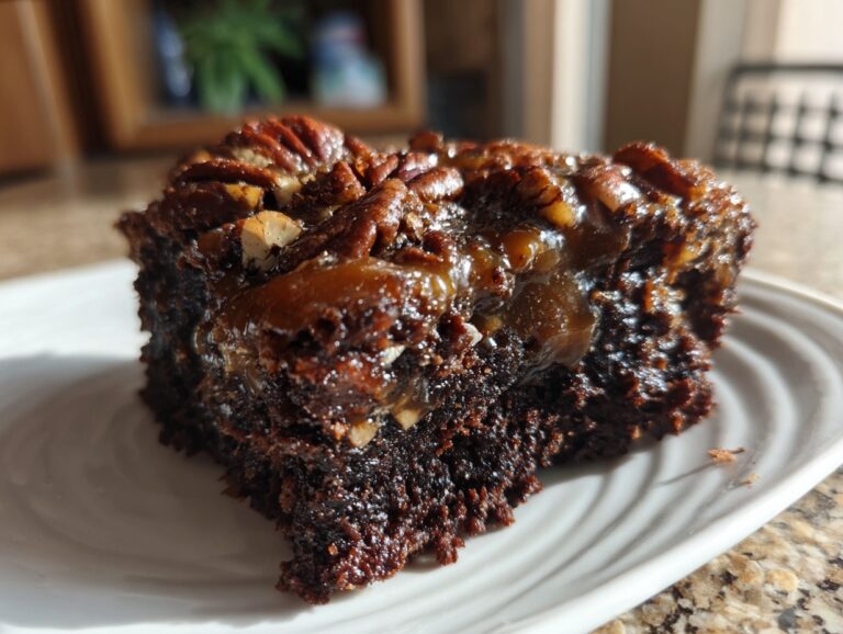 Close-up of a decadent, fudgy pecan pie brownies square topped with gooey caramel and whole pecans.