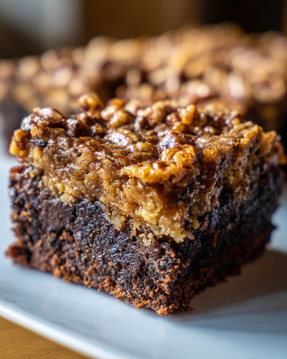 A close-up, decadent slice of pecan pie brownies showing a rich chocolate base and gooey pecan topping.