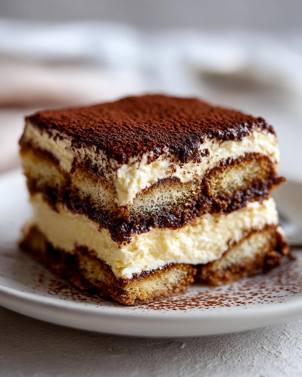 Close-up of a perfect square slice of tiramisu recipe layered with cream and cocoa powder.