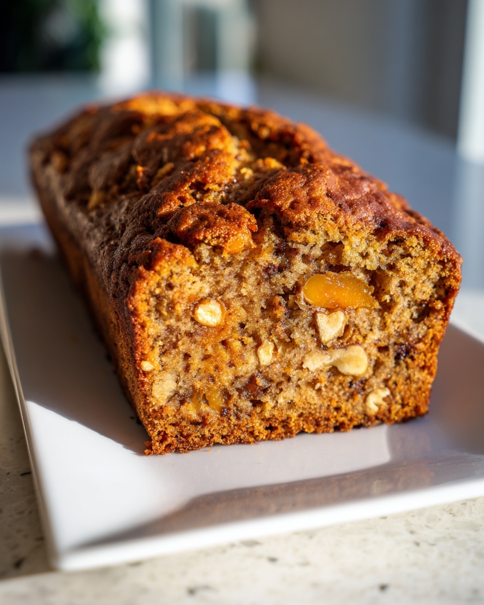 A close-up of a freshly baked, golden brown persimmon bread loaf showing nuts and fruit pieces inside.
