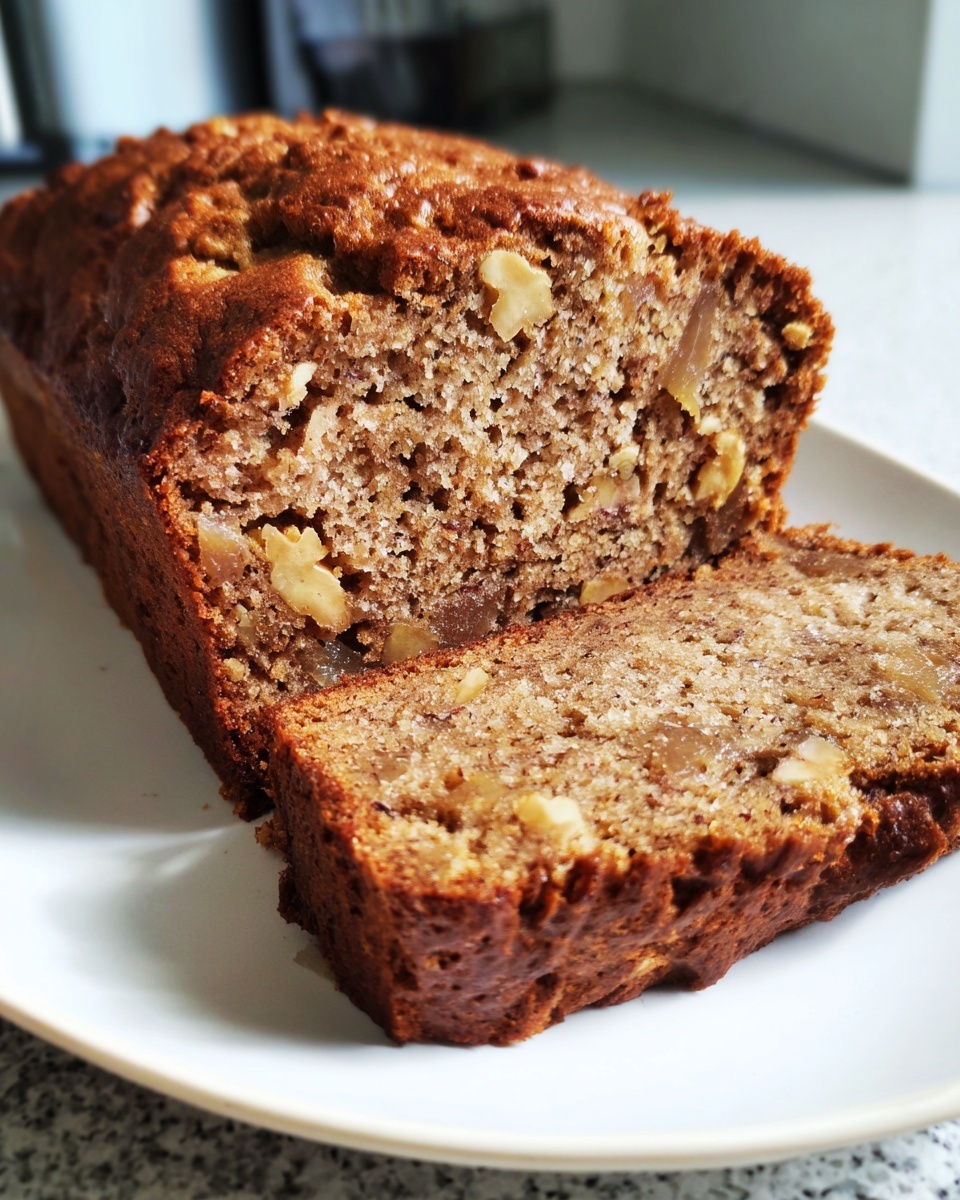 A close-up of a sliced loaf of moist persimmon bread showing walnuts and fruit pieces inside.
