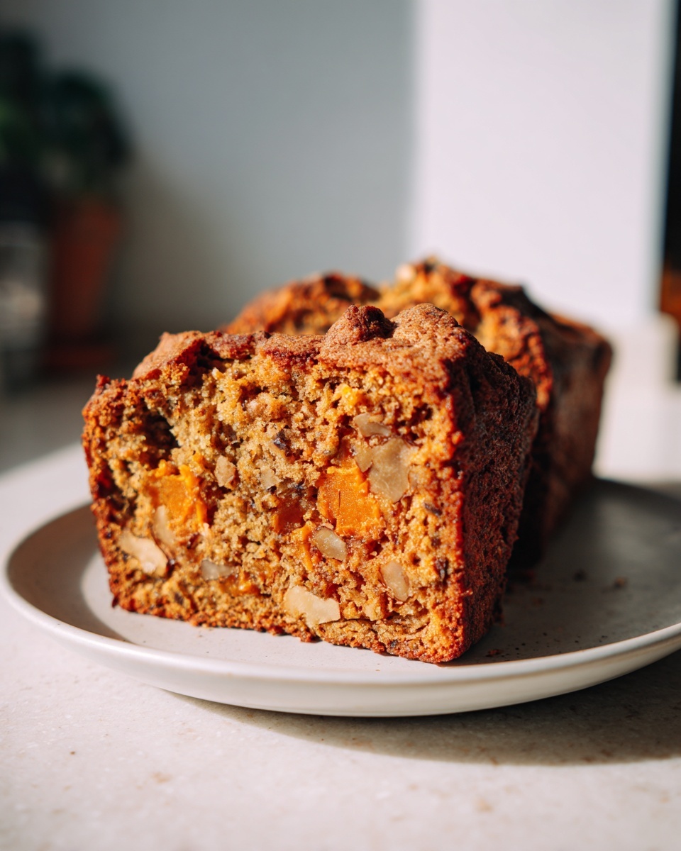 A thick slice of moist persimmon bread, showing chunks of orange fruit and walnuts, resting on a light plate.