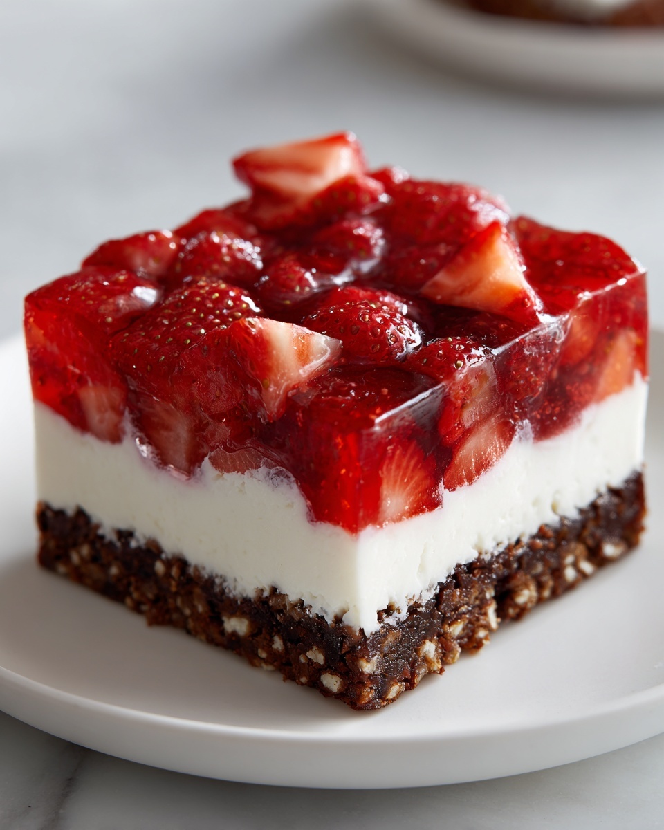 Close-up of a square slice of pretzel salad showing three distinct layers: a dark crust, white cream, and bright red strawberry gelatin topping.