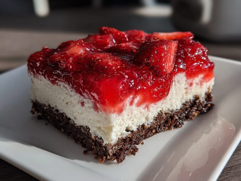 Close-up of a slice of pretzel salad showing the dark crust, creamy white layer, and bright strawberry topping.