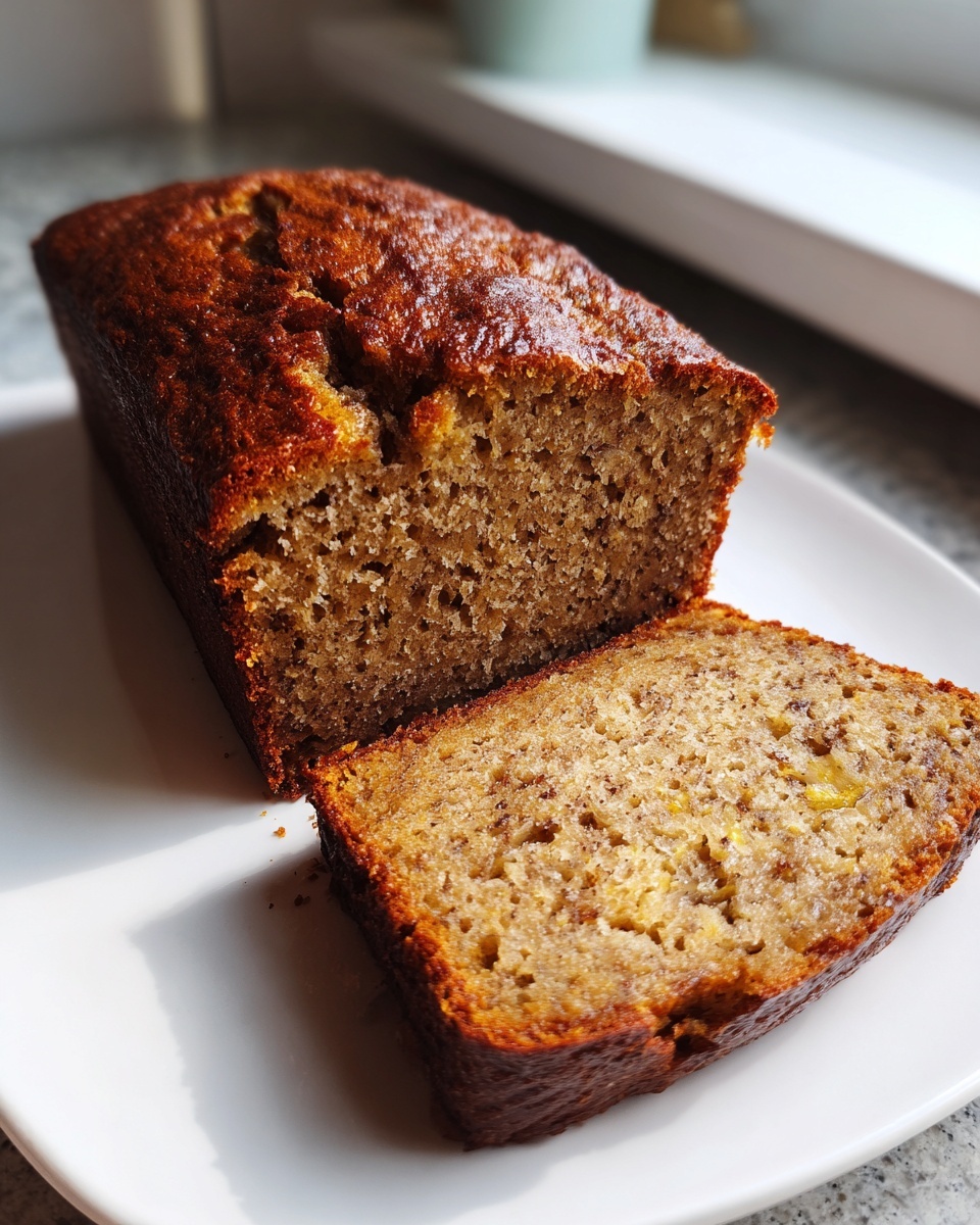 A loaf of golden brown protein banana bread with one thick slice cut and resting beside it on a white plate.
