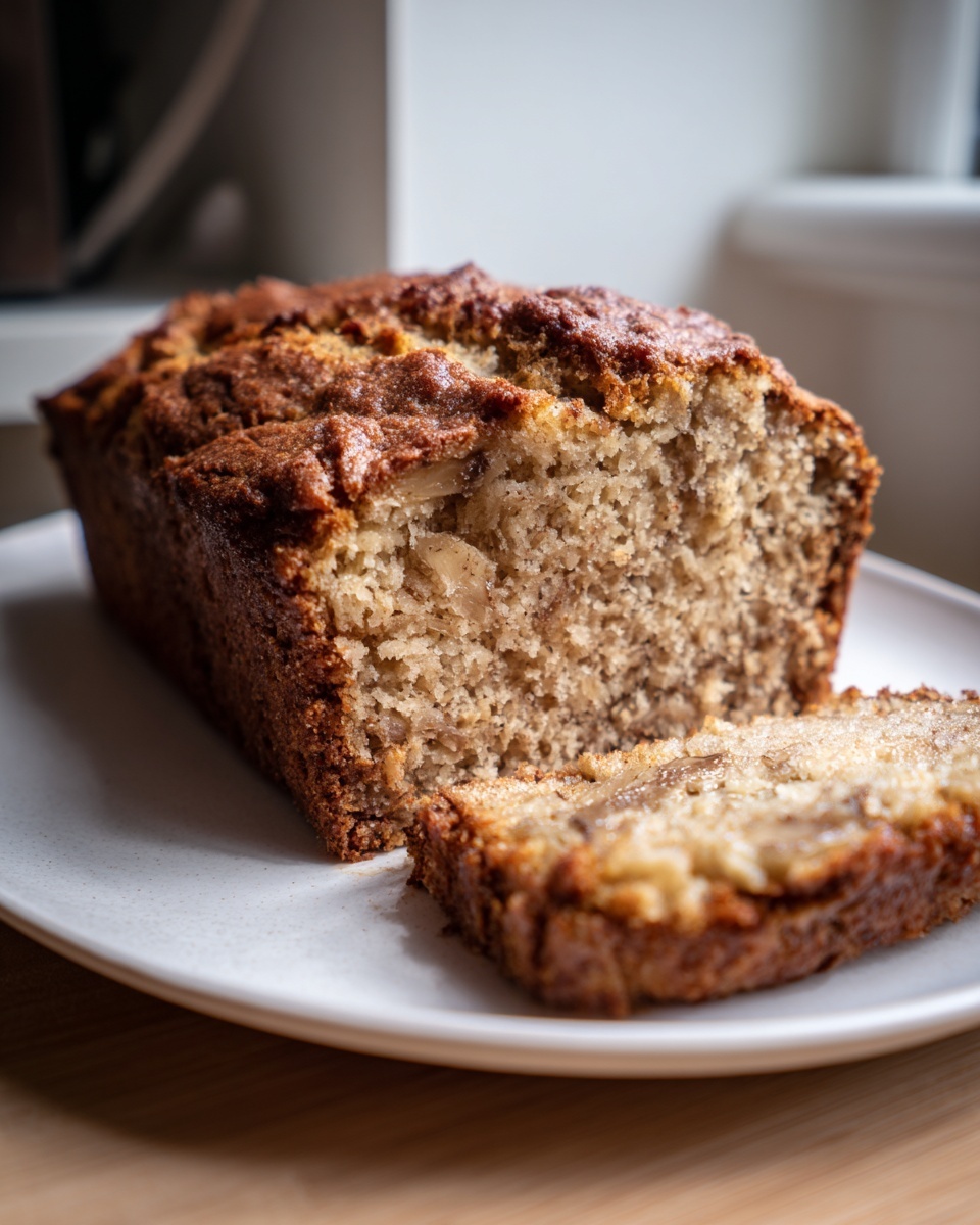 A loaf of moist protein banana bread with one slice cut and resting beside it on a white plate.