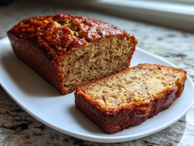 A loaf of golden brown protein banana bread with one thick slice cut and resting beside it on a white platter.