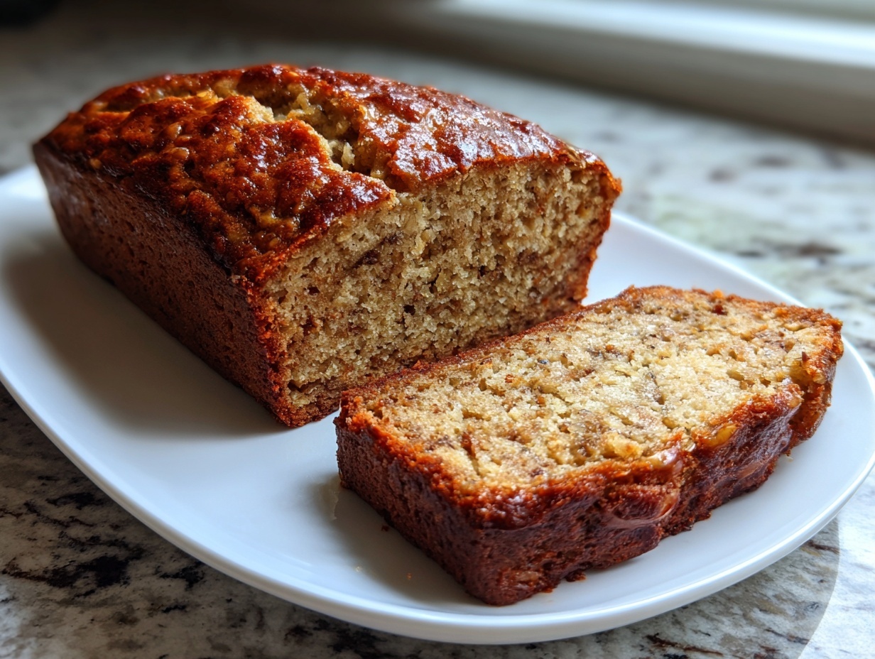 A loaf of golden brown protein banana bread with one thick slice cut and resting beside it on a white platter.