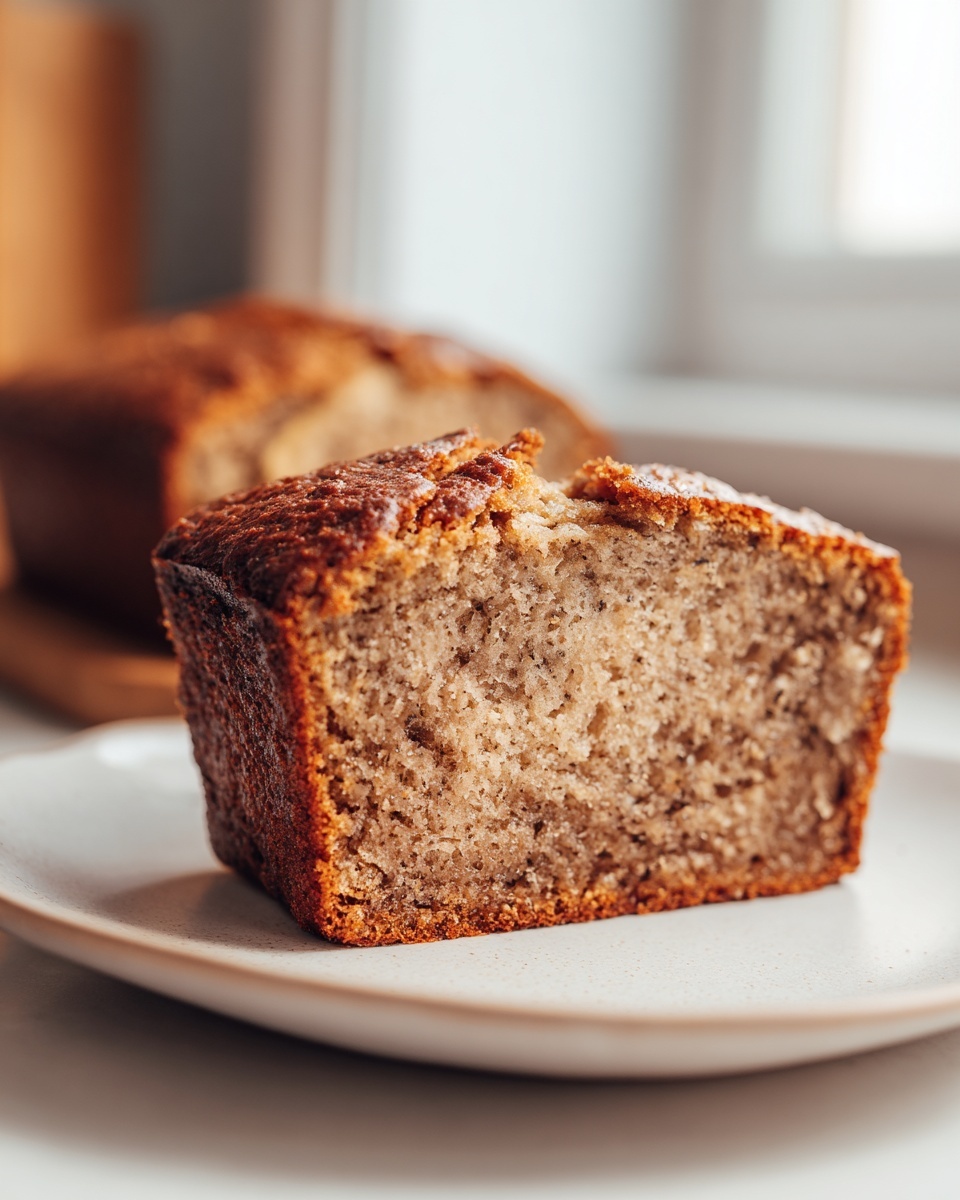 Close-up of a moist slice of protein banana bread showing its dense, speckled crumb texture.