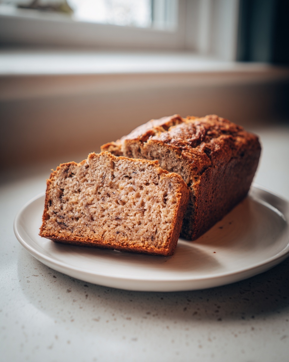 A loaf of moist protein banana bread with one thick slice cut and resting on a white plate.