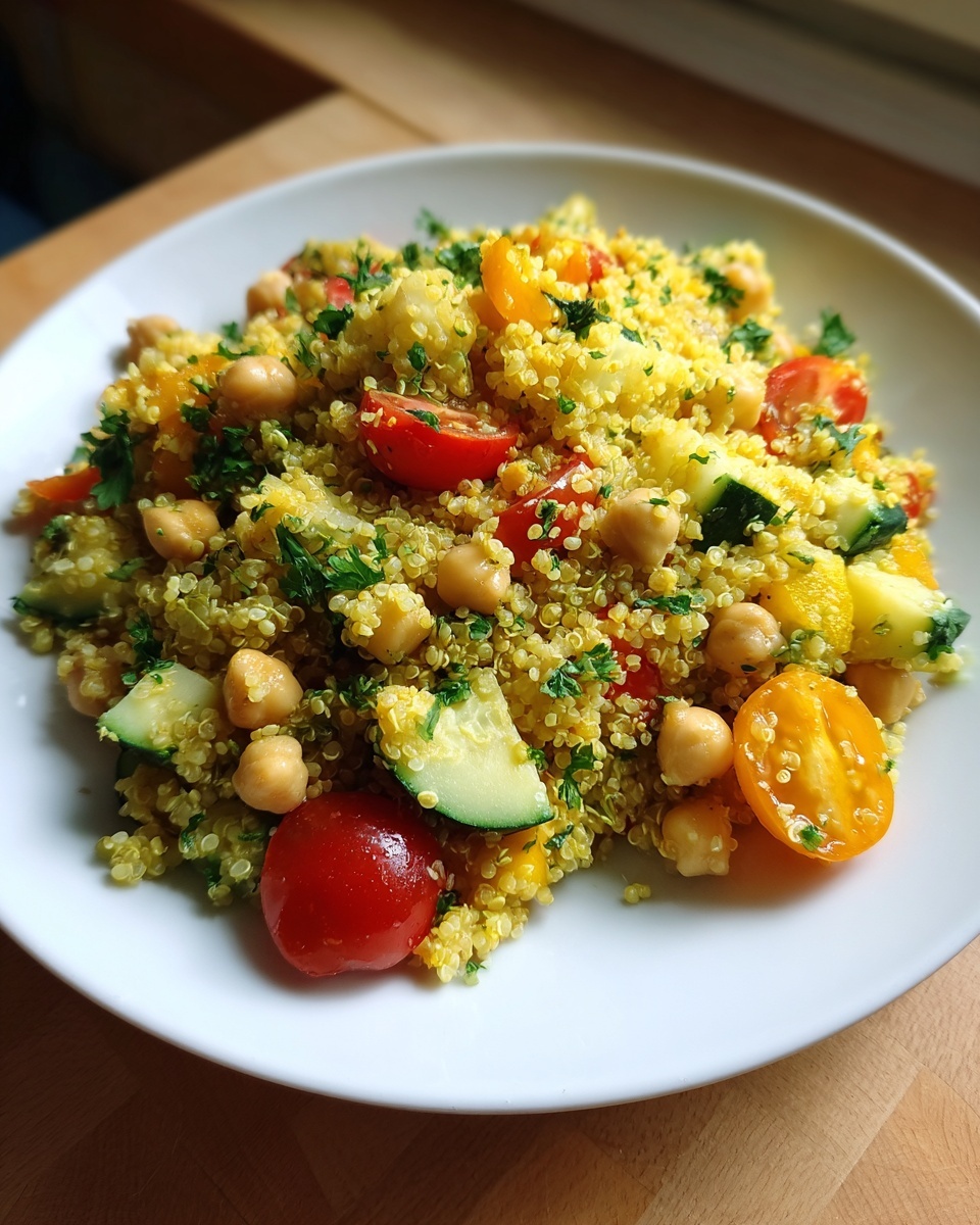 A close-up of a bright, colorful quinoa salad mixed with chickpeas, cherry tomatoes, zucchini, and parsley.