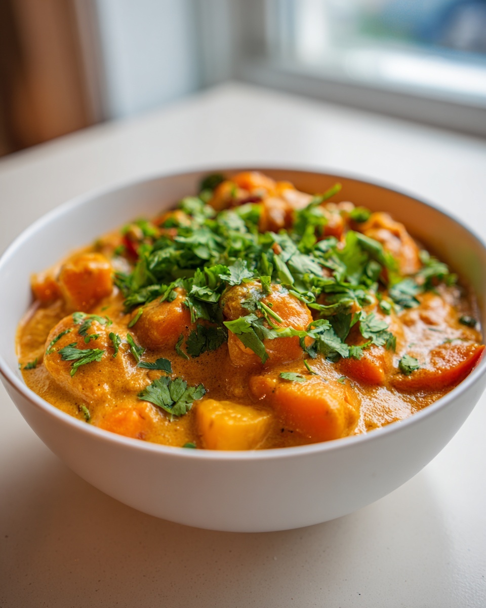 A close-up of a white bowl filled with vibrant orange pumpkin curry, topped generously with fresh cilantro.