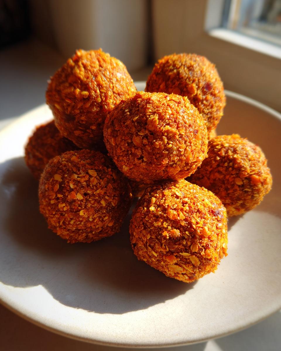 A small pile of vibrant orange pumpkin protein balls coated in oats, sitting on a light plate.