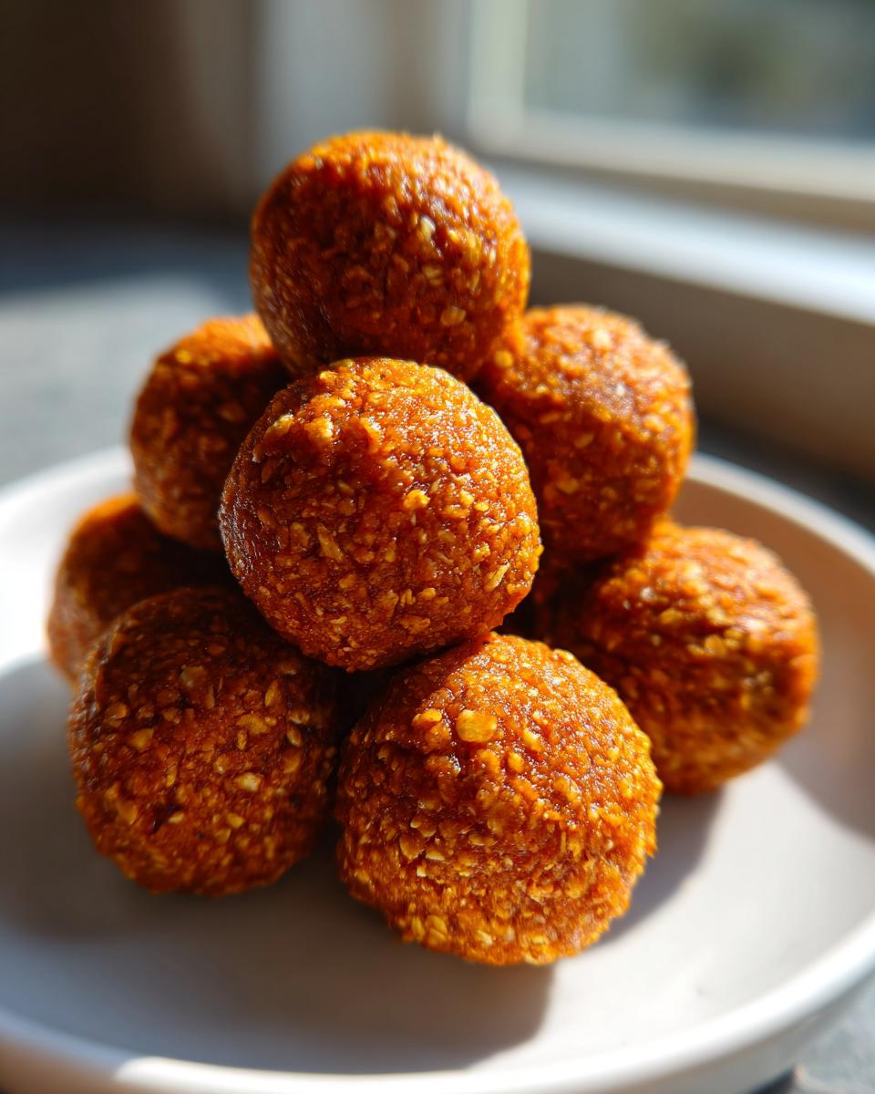 A close-up stack of bright orange pumpkin protein balls resting on a white plate.