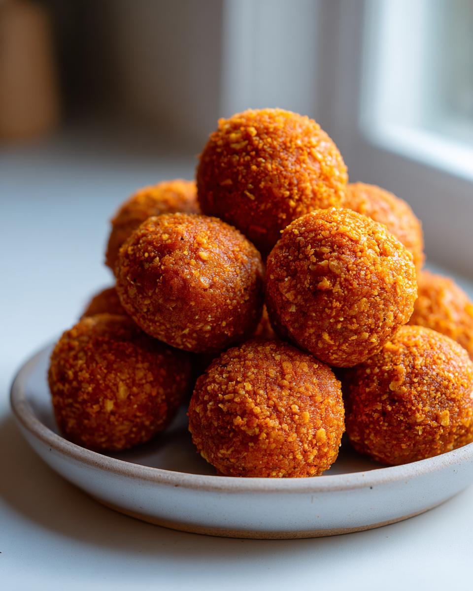 Close-up of a stack of vibrant orange pumpkin protein balls coated in fine crumbs, resting on a light gray plate.
