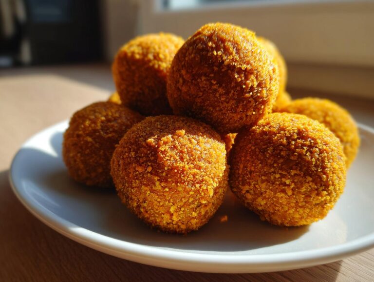 A stack of vibrant orange pumpkin protein balls coated in fine crumbs, sitting on a white plate.