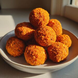 A stack of bright orange pumpkin protein balls coated in a fine texture, sitting in a light bowl.
