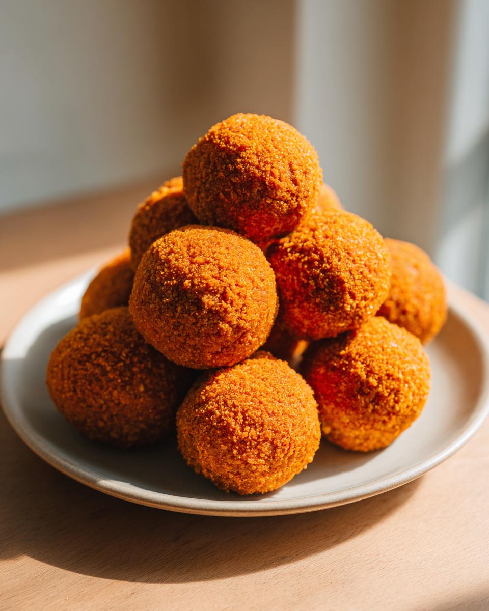 A close-up stack of bright orange pumpkin protein balls coated in fine crumbs on a light gray plate.