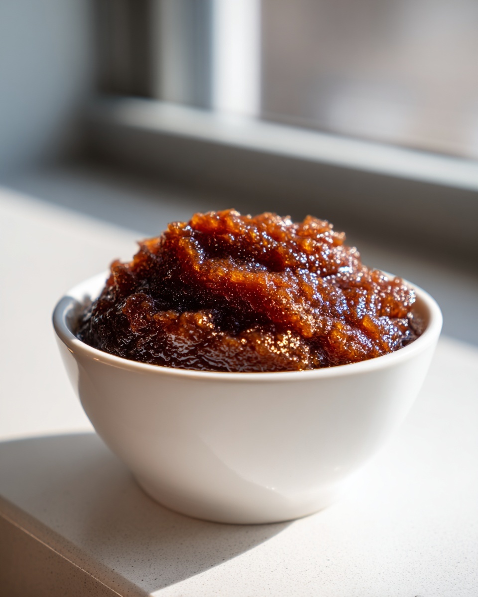 A close-up of thick, dark brown pear butter piled high in a white bowl, glistening in the sunlight.