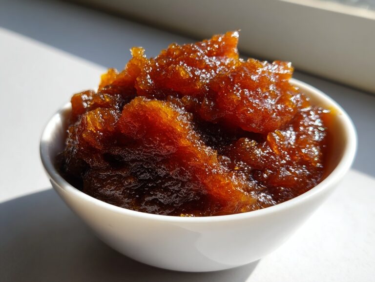 A close-up of thick, dark amber pear butter with a chunky texture served in a small white bowl.