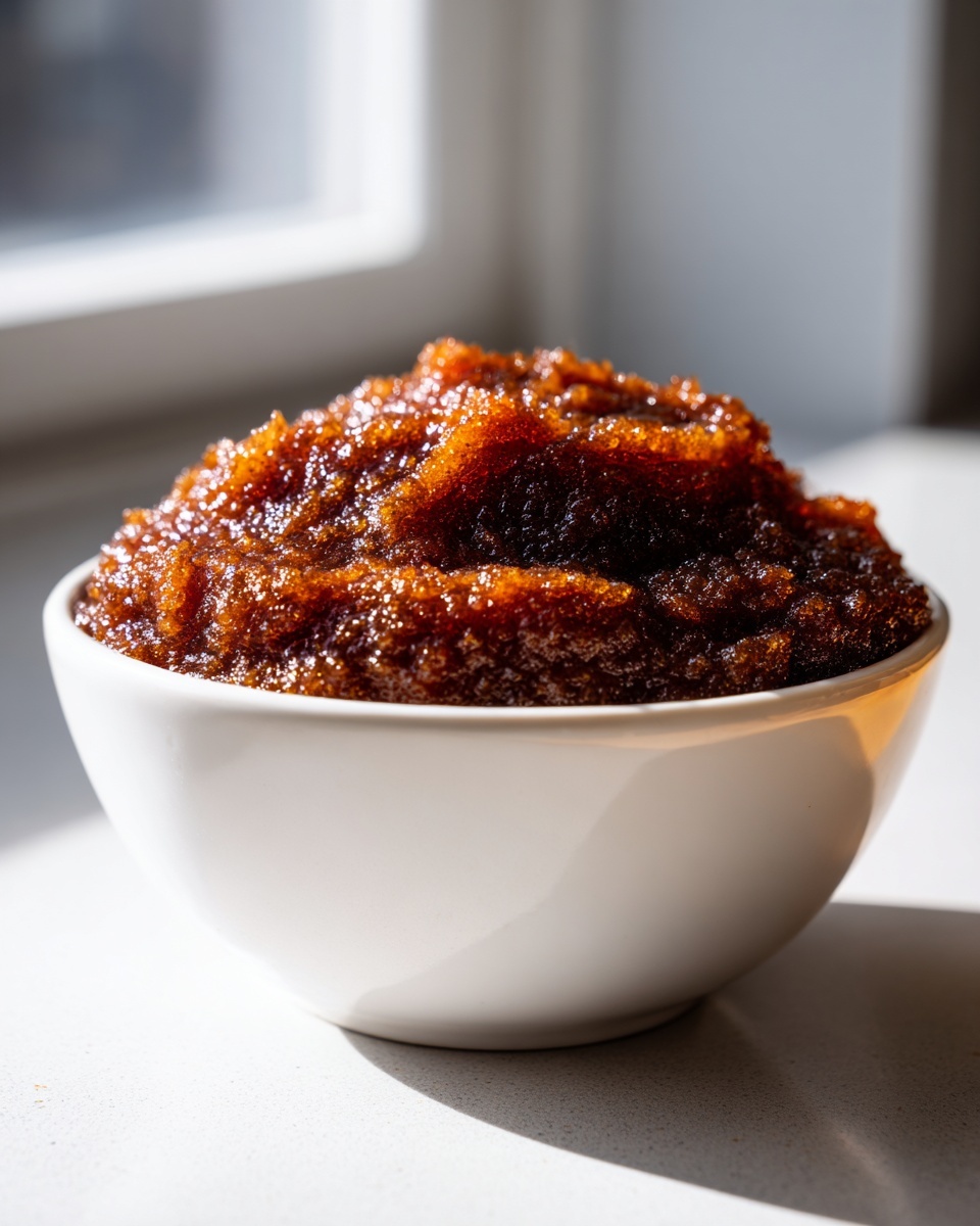 A close-up of rich, dark brown pear butter piled high in a small white bowl.