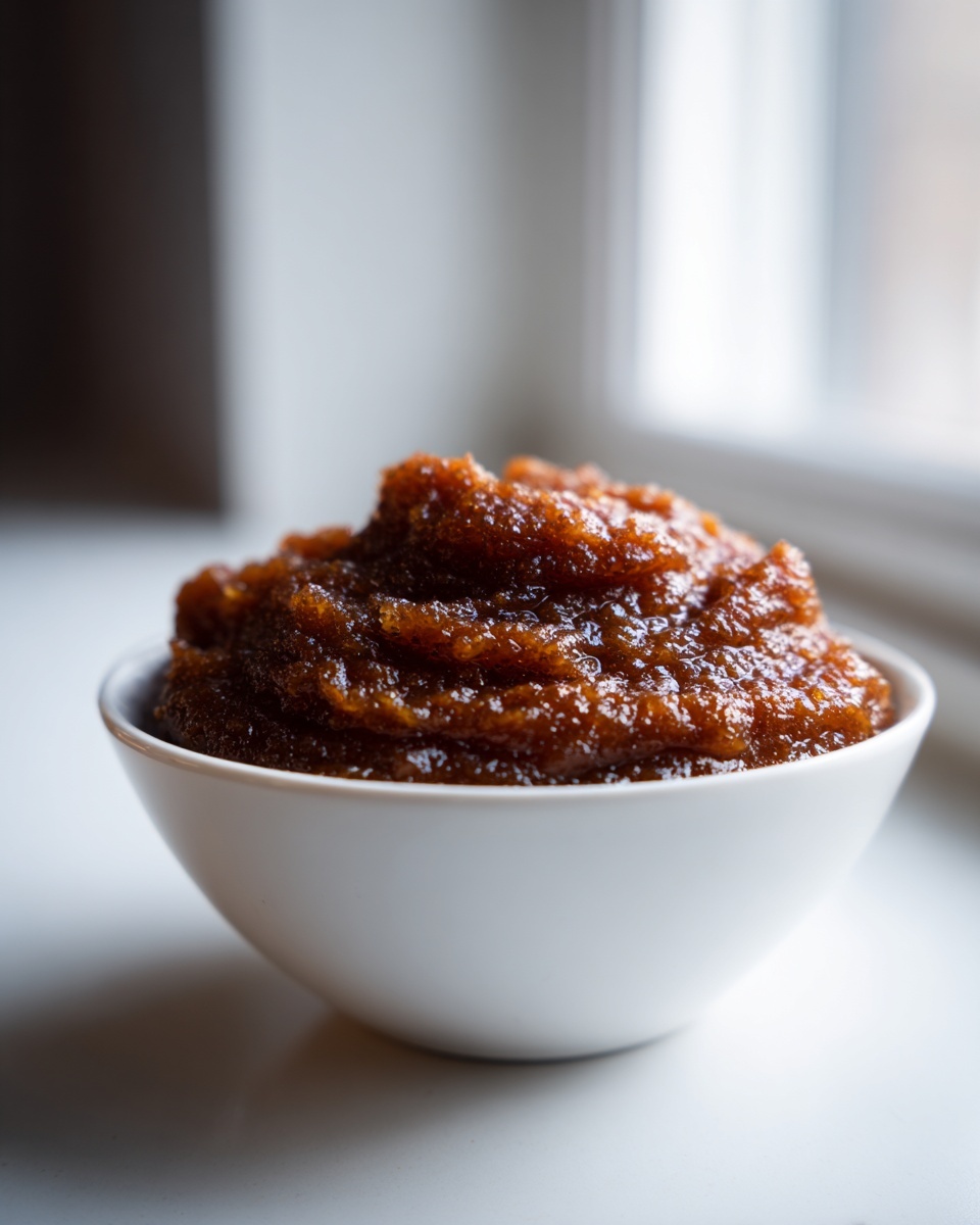 A close-up of thick, dark brown homemade pear butter mounded high in a small white bowl.