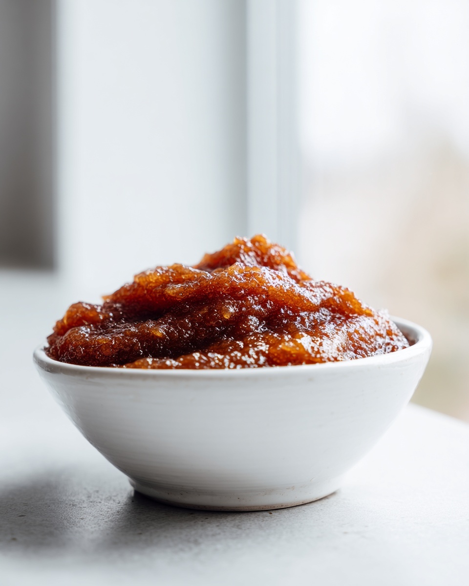 A close-up of thick, dark brown pear butter mounded high in a small white ceramic bowl.